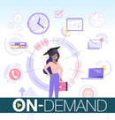 Person in graduation cap surrounded by icons representing work, time, and communication on a light blue background with on-demand text