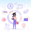 Person in graduation cap surrounded by icons representing work, time, and communication on a light blue background.