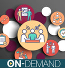 Illustration featuring a central beige circle with a white and teal meeting icon, surrounded by multiple colored circular icons depicting business and teamwork concepts on a dark gray background with on-demand text.