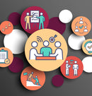 Collage of various icons representing teamwork and collaboration on a gray background