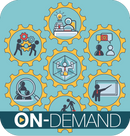 Gear icons with with people inside them doing educational activities.
