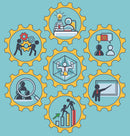 Illustration of interconnected gears with icons of people and activities on a blue background
