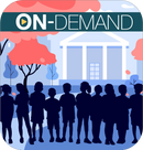 Sillouttes of minors with a campus building in the background with on-demand text.