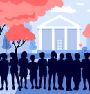 Ten children's silhouettes infront of a school building