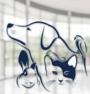 Dog, cat, lizard, and bunny outline with a gray and white building background
