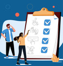 A stylized illustration of two people standing beside a large clipboard with accessibility checklist icons, including a wheelchair symbol, hand gesture, braille mark, and a dog icon, all checked. 