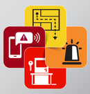 illustration including a map with an exit plan, a phone with an alert message, a siren, and a barricaded door