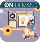 Illistration of a latop  with an AI icon and book popping out of the screen with on-demand text