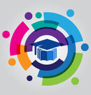 Circular graphic with people around a graduation cap