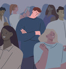Illustration of a crowd of diverse people in a public space, with a central man spotlighted in a navy sweater looking down at his phone while others look in different directions.