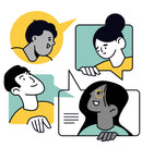 Illustration of four cartoon people in speech bubbles communicating with each other