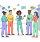 Illistration of adults standing around talking to each other