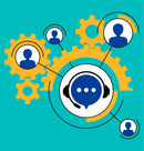 Illustration of interlocking yellow gears with a central white circle containing a blue speech bubble headset icon, plus several blue user profile icons around it on a teal background.