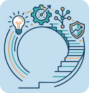 Illustration of a stylized head silhouette in light blue, filled with business and innovation icons including a light bulb, gear, shield, and staircase, on a pale blue background.
