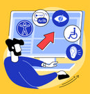 Illustration of a person seated in front of a computer monitor showing accessibility-related icons, including a wheelchair symbol, a hearing icon, an eye icon, and audio settings.