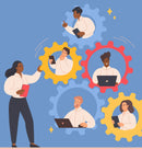 Illistration of a leader directing staff that are in gears with laptops and tablets.