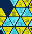 A repeating pattern of yellow and light blue triangles containing line icons related to education and learning, including a graduation cap, book, lightbulb, atom, microscope, diploma, and books.