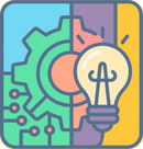 graphic with a gear and a lightbulb on a pastel background.