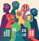 Illustration featuring stylized human head silhouettes in profile, each with different abstract ideas or skills shown inside, such as space, chess, gears, and circuitry.