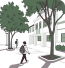 illistration of a campus building and tree lined walkway with two students walking towards the building.