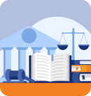Illistration of legal materials including scales, books and gavel with a university building in the background.