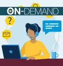 Person with a headset and laptop surrounded by icons and a speech bubble, indicating customer service or support with on-demand text