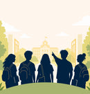 Illustration of five dark blue silhouettes of students with backpacks standing in front of a yellow university building.