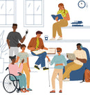 Illustration of a diverse group of students of various abilities and backgrounds engaging in study activities, including reading, and working on laptops.