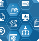 graphic of hexagonal tiles with various icons in the middle like a computer, a clipboard, gear and lightbulb