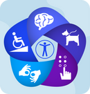 Infographic that includes ability aid icons including a wheelchar and ramp, a service dog and braille.