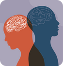 Illistration of two side-profile human heads with squiggle lines for a brains.