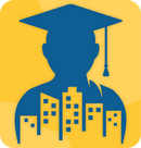 A silhouette of a student with a graduation cap on with an outline of school buildings