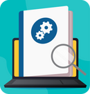 Illistration of a laptop with a handbook popping out of the computer with a magnifying glass