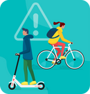 Illistration of students using electric scooter and bicycle